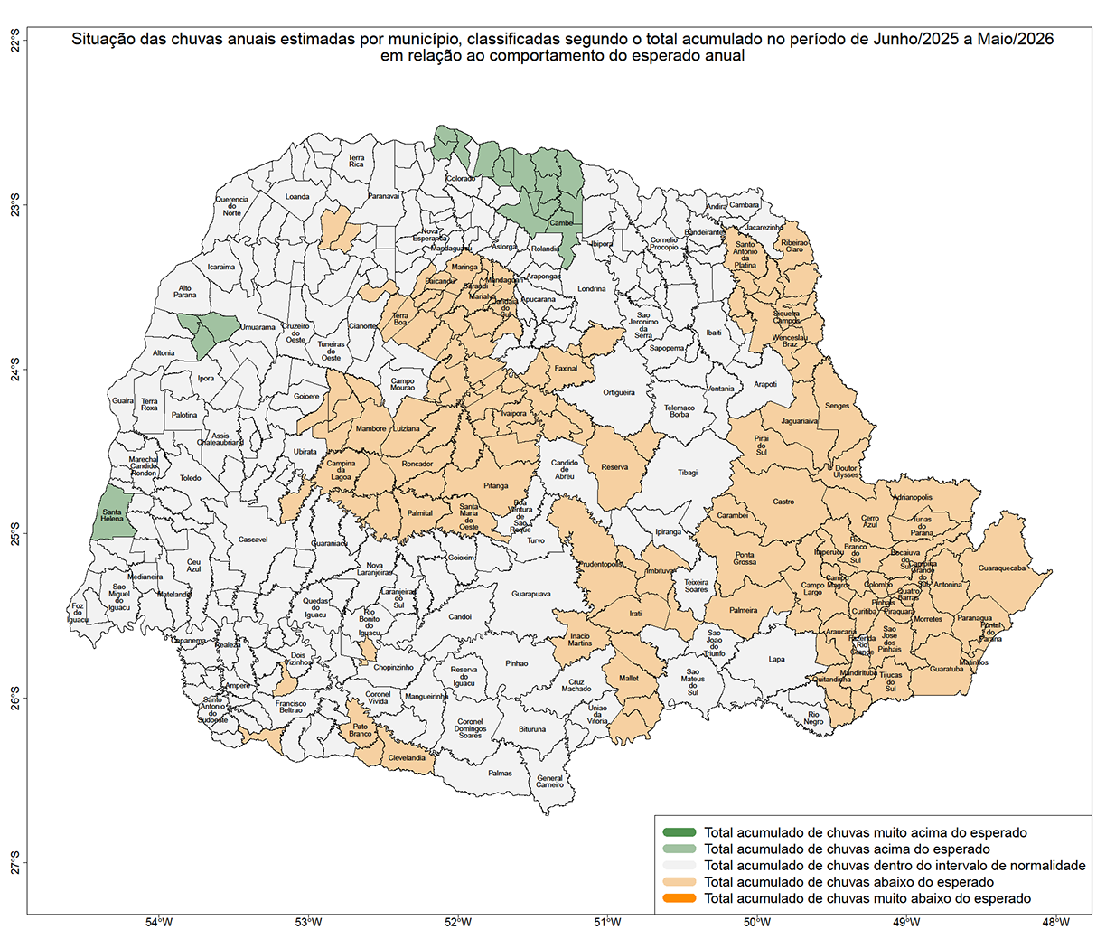 Mapa do Paraná dividido em Municípios, mostrando por diferença de cor as variações das Chuvas do Mês passado.