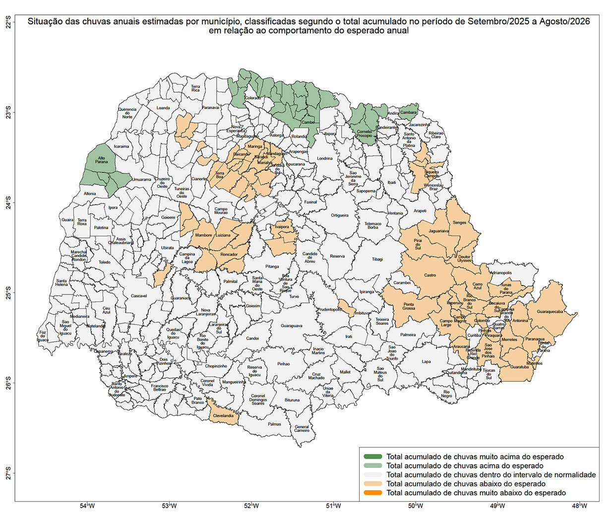 Mapa do Paraná dividido em Municípios, mostrando por diferença de cor as variações das Chuvas do Mês passado.
