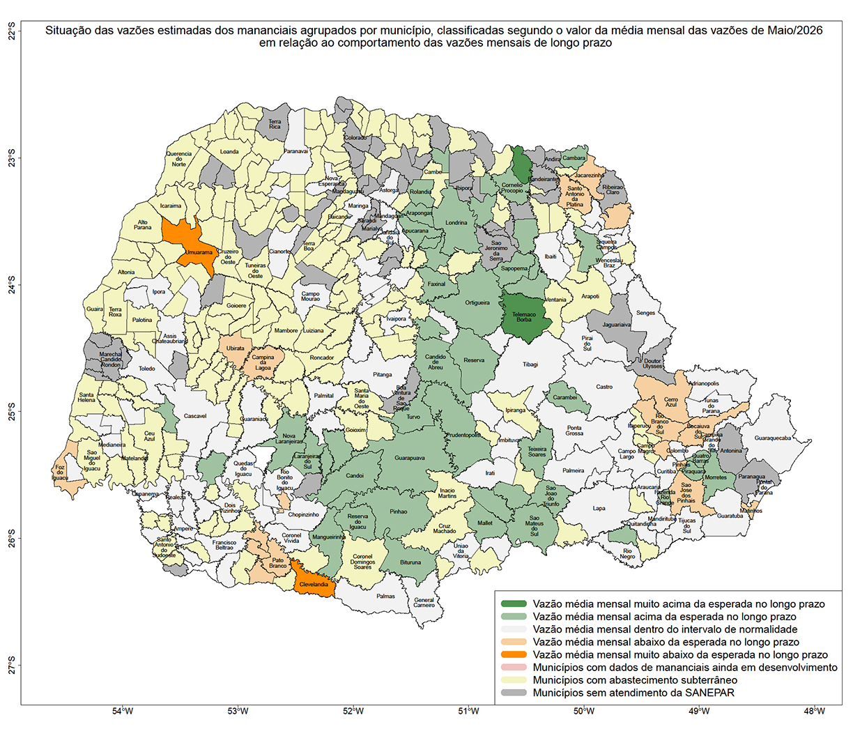 Mapa do Paraná dividido em Municípios, mostrando por diferença de cor as variações das Vazões do Mês passado.