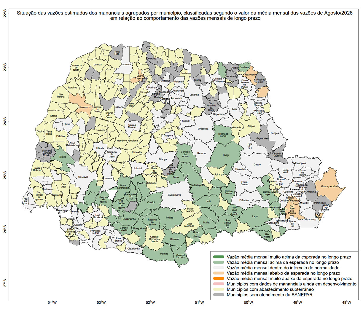 Mapa do Paraná dividido em Municípios, mostrando por diferença de cor as variações das Vazões do Mês passado.