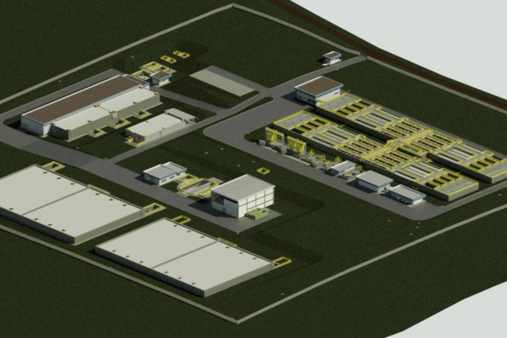 Maquete eletrônica em perspectiva de uma Estação de Tratamento de Água (ETA). O complexo industrial cercado possui tanques de decantação retangulares em primeiro plano, uma casa de química ao centro, floculadores e filtros à direita com detalhes em amarelo, e prédios administrativos ao fundo sobre um gramado escuro