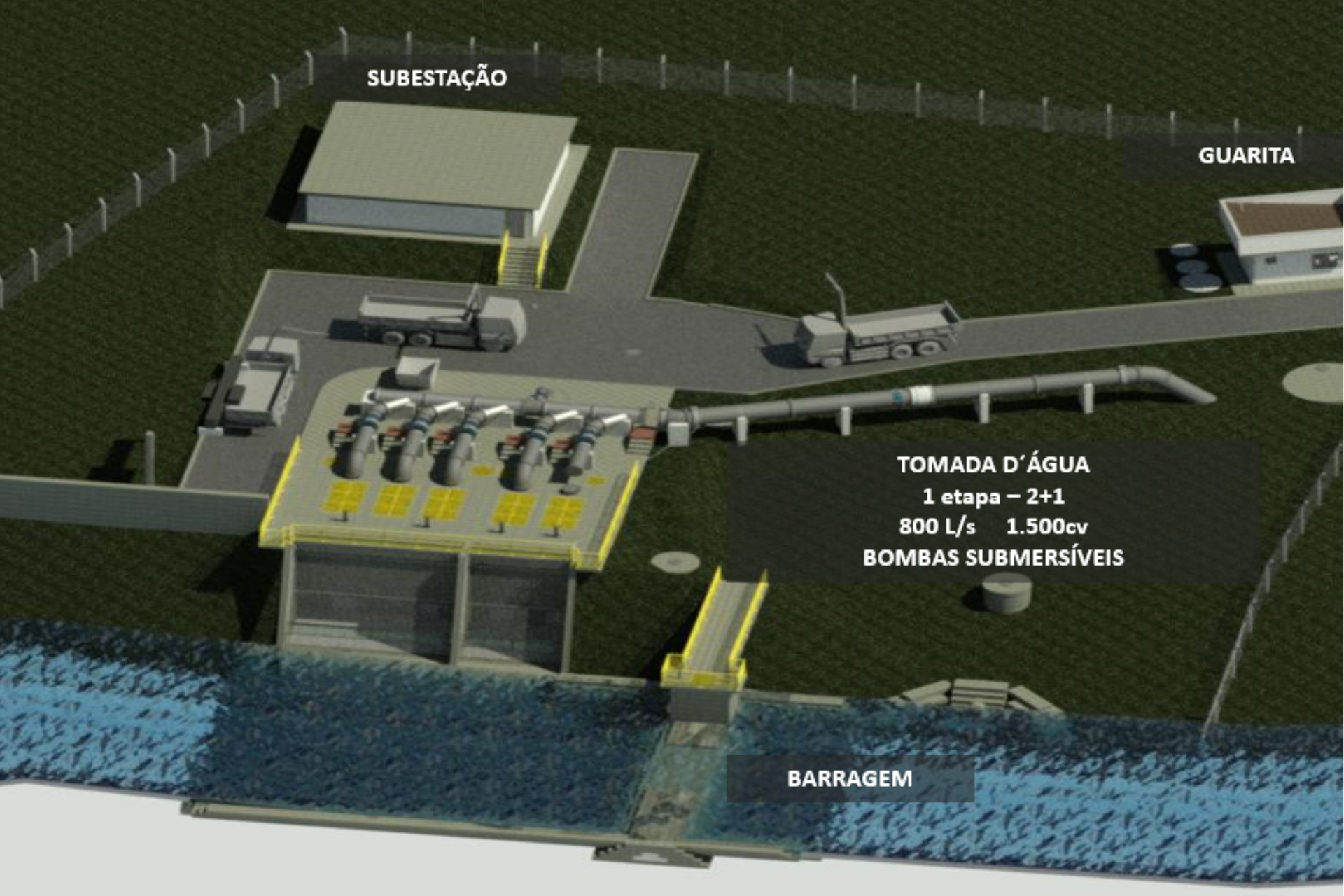 Maquete eletrônica em perspectiva de uma captação de água bruta junto a um rio com barragem. A estrutura da tomada d'água possui cinco conjuntos de bombas submersíveis e tubulações conectadas a uma adutora principal. Ao fundo, há uma subestação de energia elétrica, dois caminhões em uma área pavimentada e uma guarita