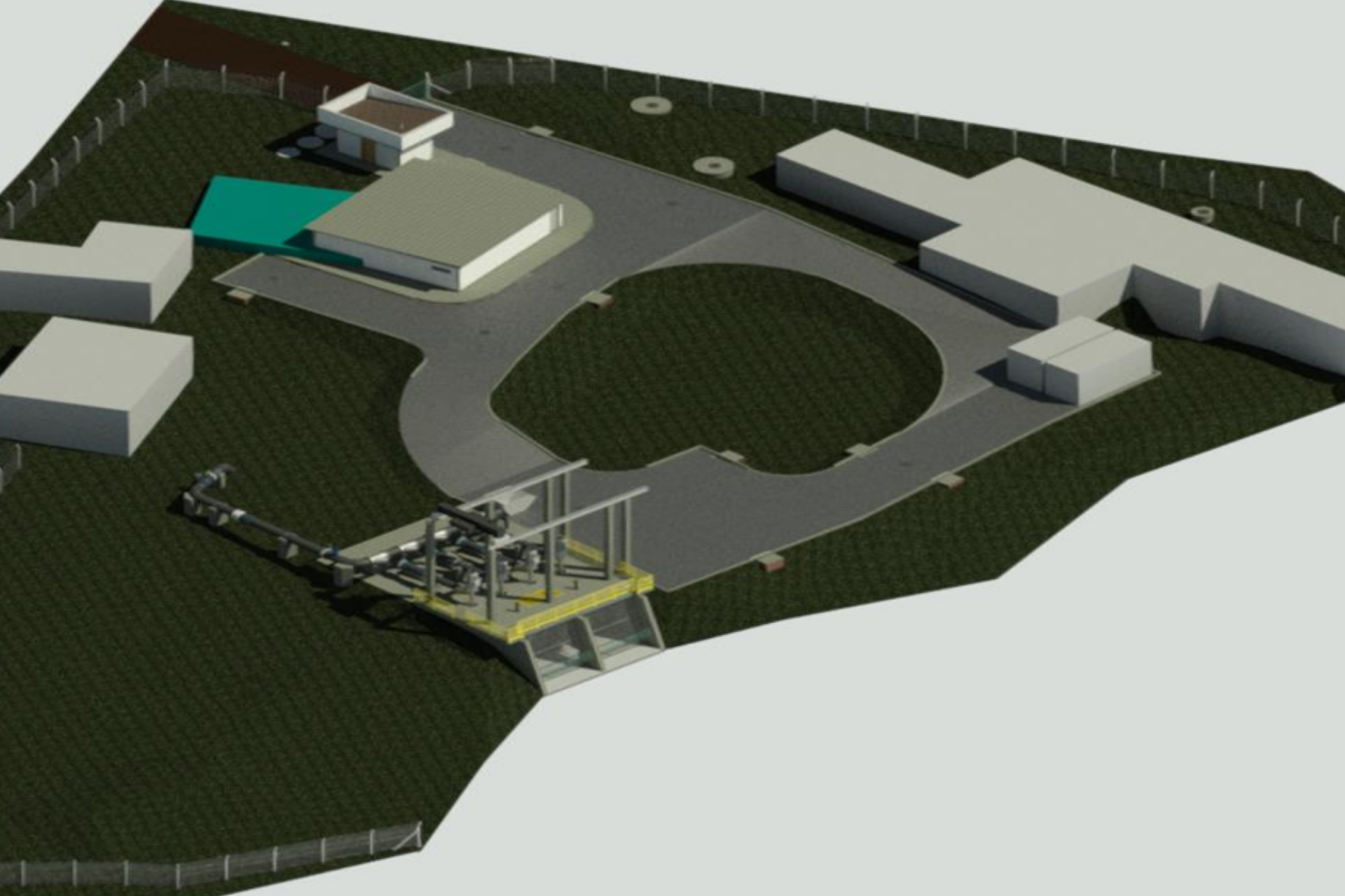 Maquete eletrônica em perspectiva aérea de uma estação de bombeamento de água junto a uma encosta. Destaca-se uma estrutura de captação de concreto com grades de proteção amarelas conectada a tubulações, uma via pavimentada em formato de retorno circular, um prédio operacional de teto plano com uma área impermeabilizada verde ao lado e edificações administrativas no entorno