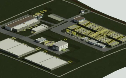 Maquete eletrônica em perspectiva de uma Estação de Tratamento de Água (ETA). O complexo industrial cercado possui tanques de decantação retangulares em primeiro plano, uma casa de química ao centro, floculadores e filtros à direita com detalhes em amarelo, e prédios administrativos ao fundo sobre um gramado escuro