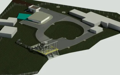 Maquete eletrônica em perspectiva aérea de uma estação de bombeamento de água junto a uma encosta. Destaca-se uma estrutura de captação de concreto com grades de proteção amarelas conectada a tubulações, uma via pavimentada em formato de retorno circular, um prédio operacional de teto plano com uma área impermeabilizada verde ao lado e edificações administrativas no entorno