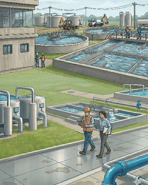 Dois empregados andando na calçada de uma estação de tratamento de água, em desenho colorido