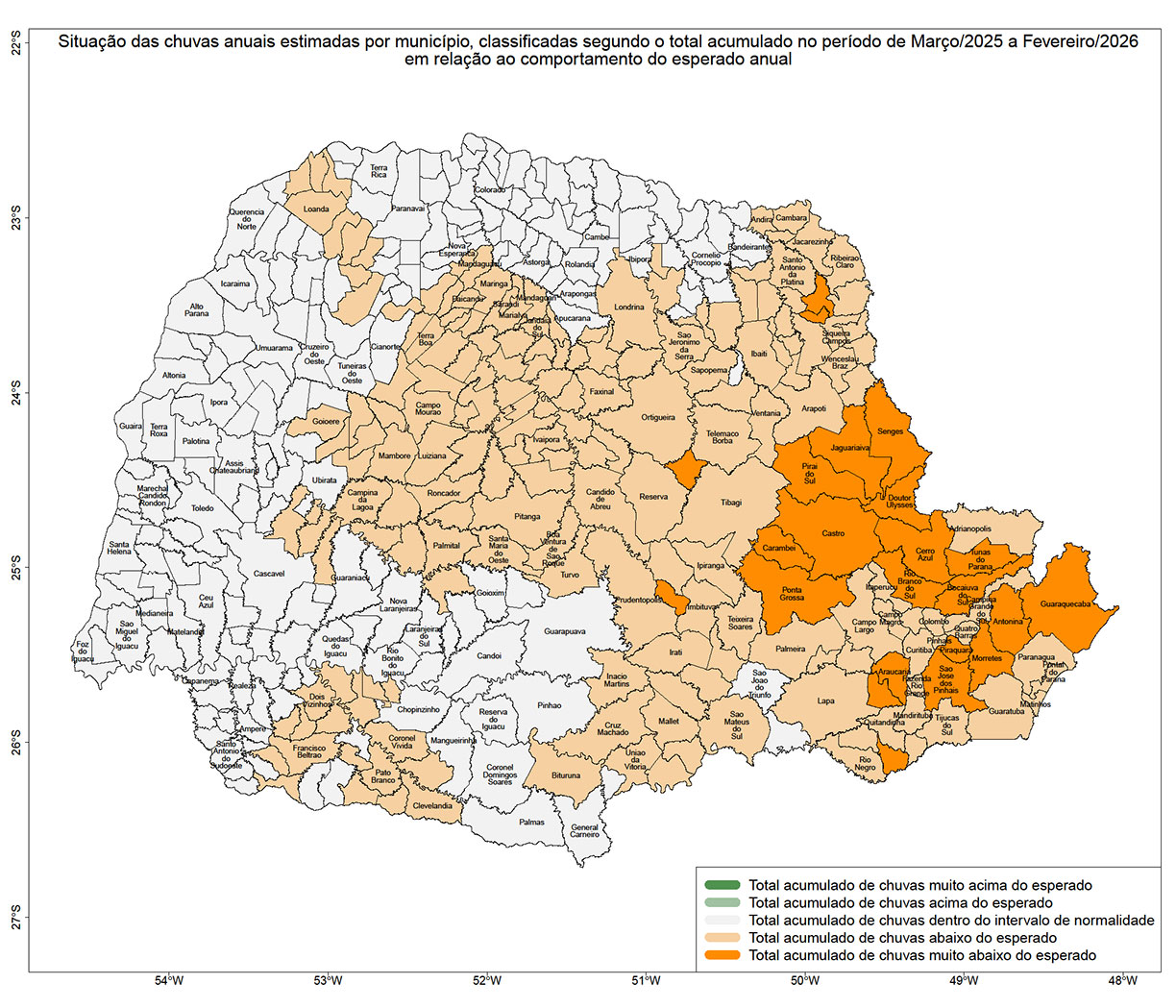 Mapa do Paraná dividido em Municípios, mostrando por diferença de cor as variações das Chuvas do Mês passado.