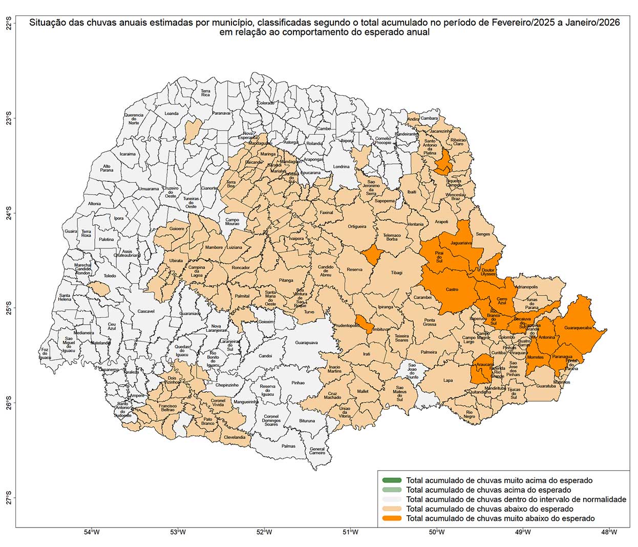 Mapa do Paraná dividido em Municípios, mostrando por diferença de cor as variações das Chuvas do Mês passado.