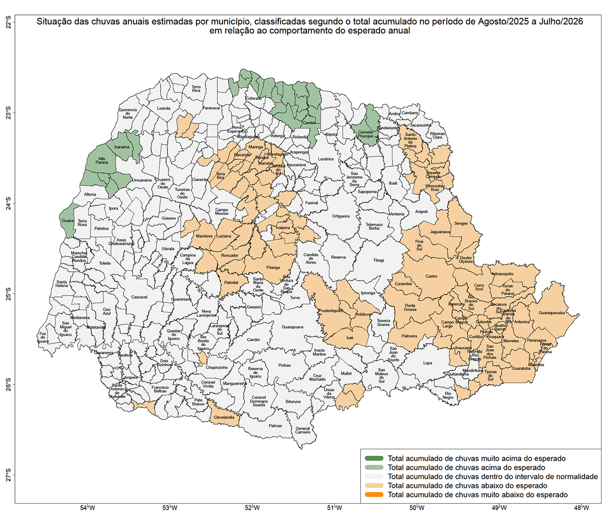 Mapa do Paraná dividido em Municípios, mostrando por diferença de cor as variações das Chuvas do Mês passado.
