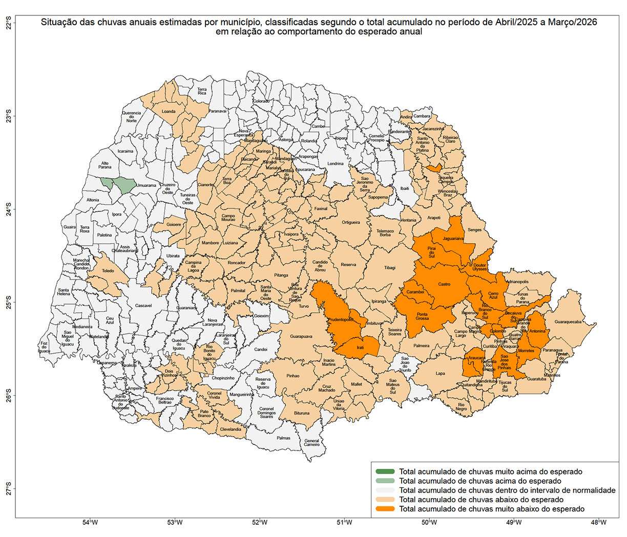 Mapa do Paraná dividido em Municípios, mostrando por diferença de cor as variações das Chuvas do Mês passado.