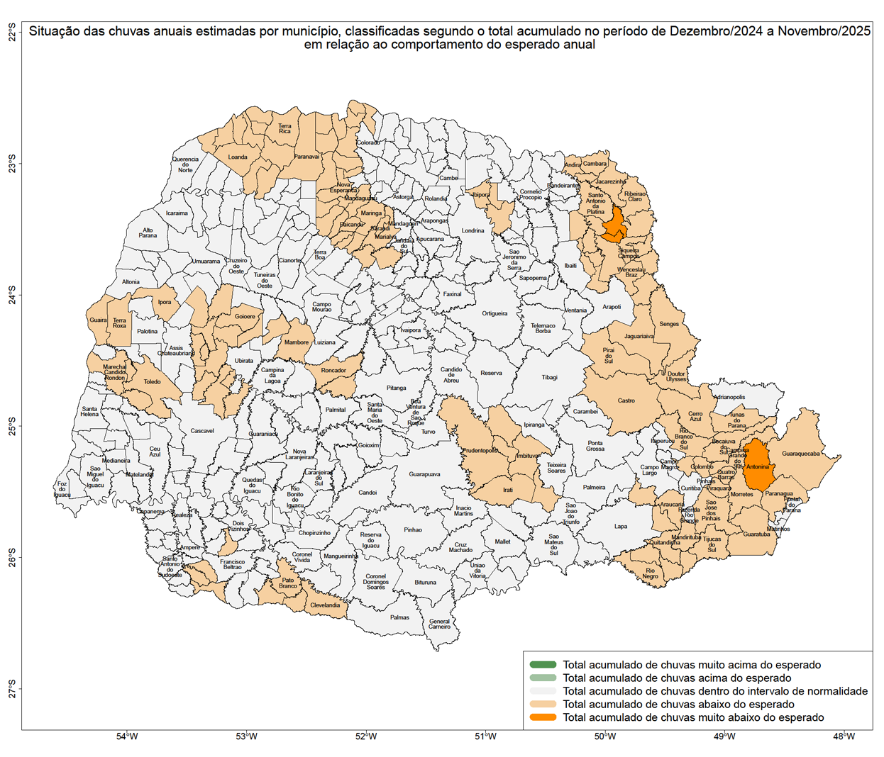 Mapa do Paraná dividido em Municípios, mostrando por diferença de cor as variações das Chuvas do Mês passado.