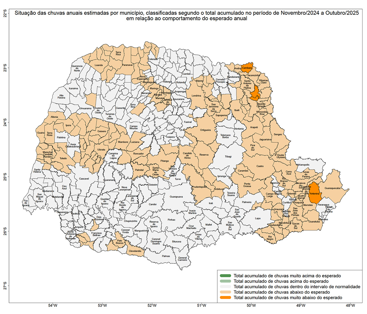 Mapa do Paraná dividido em Municípios, mostrando por diferença de cor as variações das Chuvas do Mês passado.