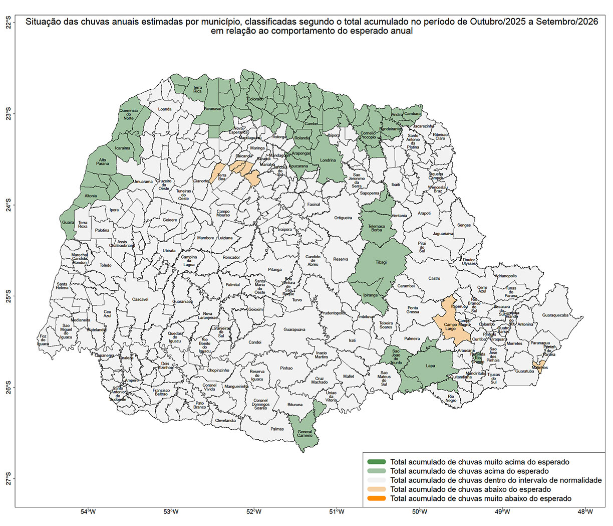 Mapa do Paraná dividido em Municípios, mostrando por diferença de cor as variações das Chuvas do Mês passado.