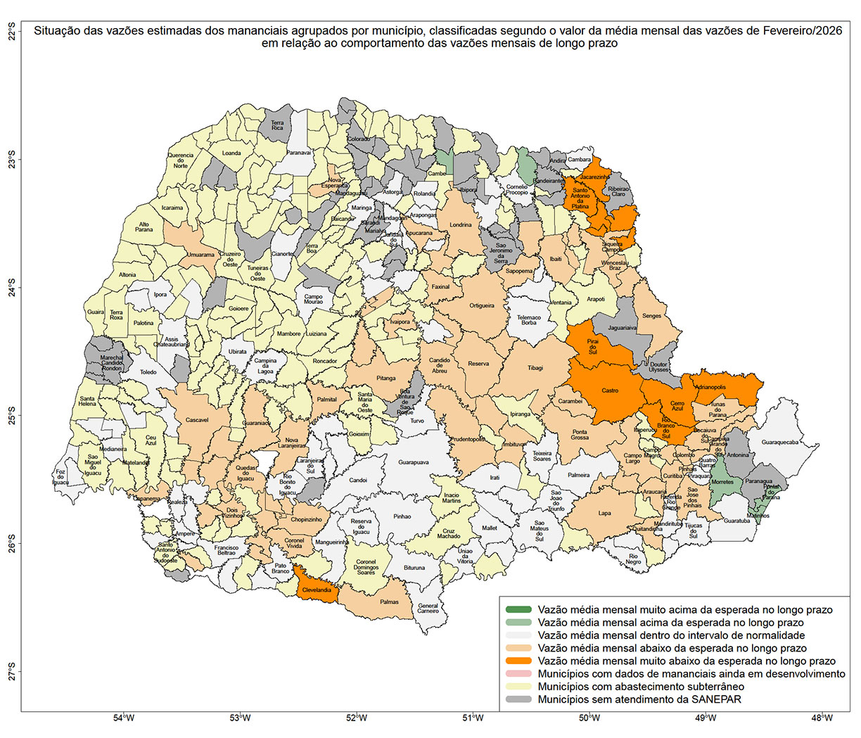 Mapa do Paraná dividido em Municípios, mostrando por diferença de cor as variações das Vazões do Mês passado.