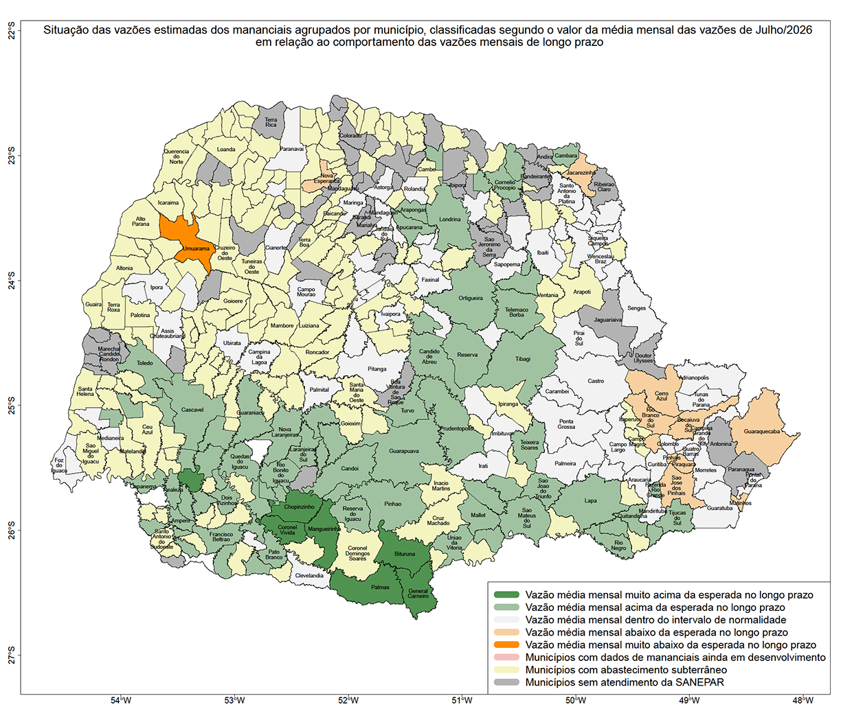 Mapa do Paraná dividido em Municípios, mostrando por diferença de cor as variações das Vazões do Mês passado.