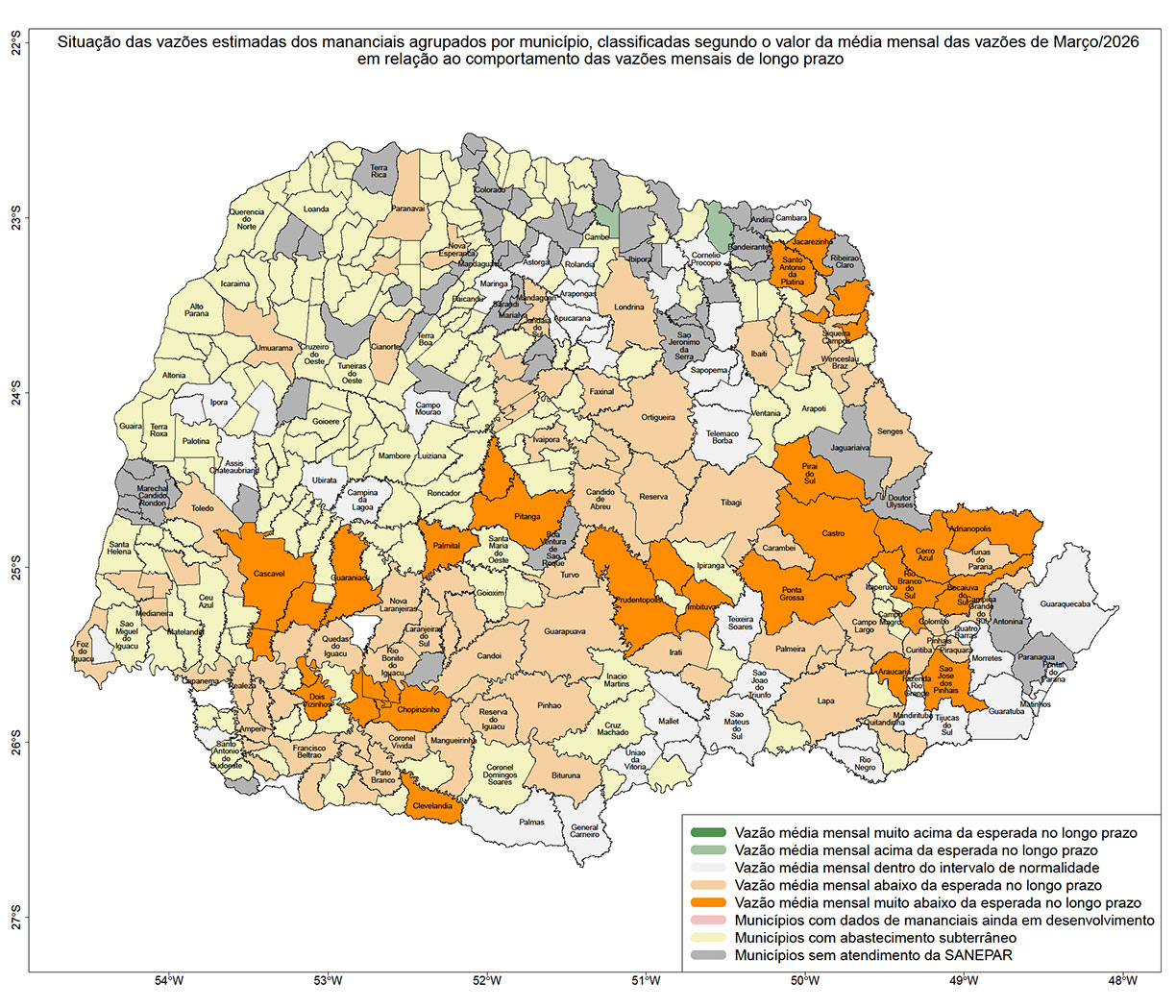 Mapa do Paraná dividido em Municípios, mostrando por diferença de cor as variações das Vazões do Mês passado.