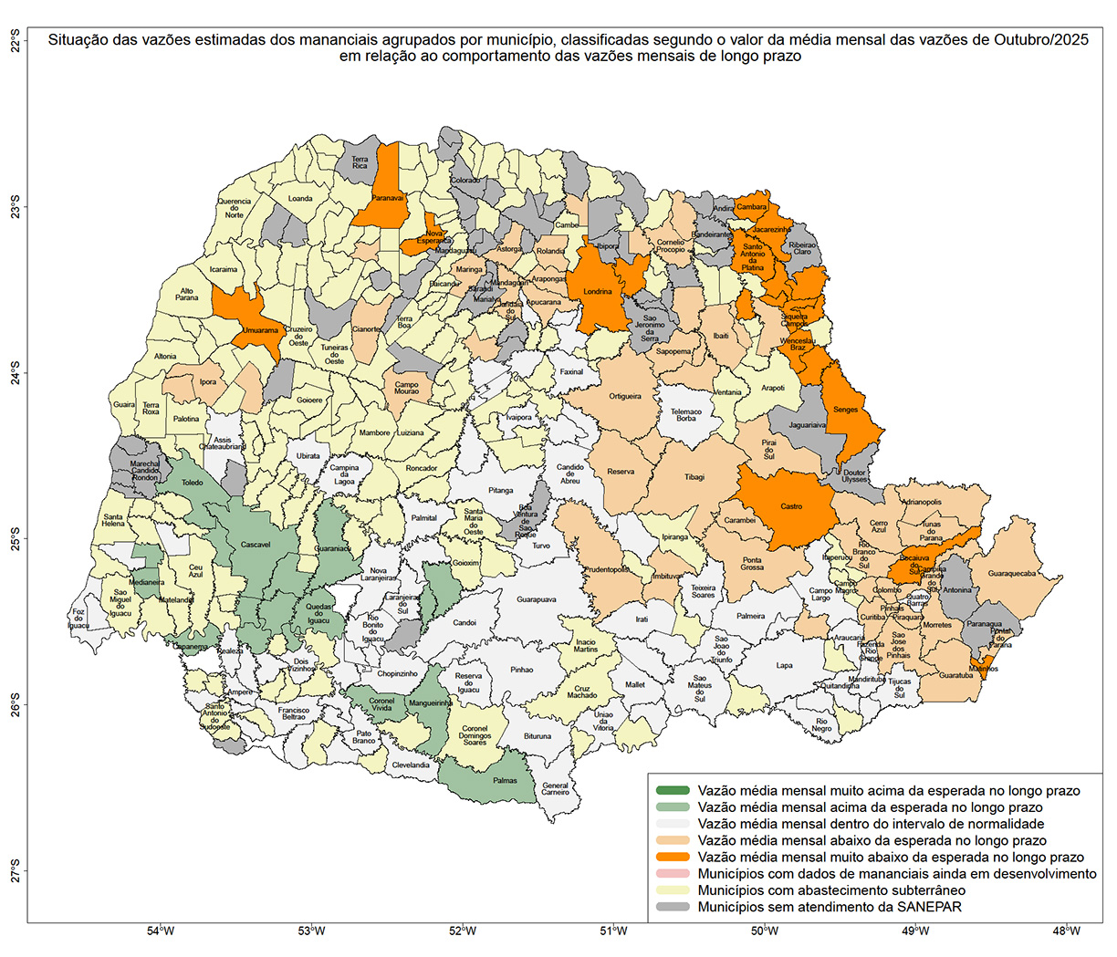 Mapa do Paraná dividido em Municípios, mostrando por diferença de cor as variações das Vazões do Mês passado.