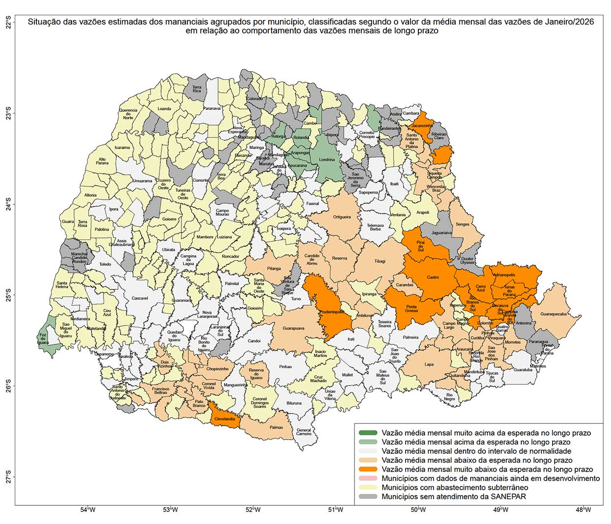 Mapa do Paraná dividido em Municípios, mostrando por diferença de cor as variações das Vazões do Mês passado.
