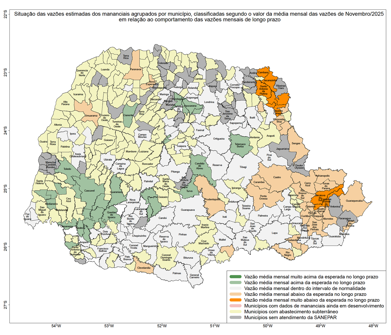 Mapa do Paraná dividido em Municípios, mostrando por diferença de cor as variações das Vazões do Mês passado.