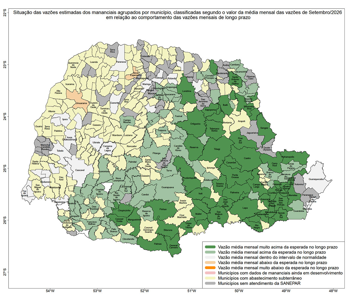 Mapa do Paraná dividido em Municípios, mostrando por diferença de cor as variações das Vazões do Mês passado.