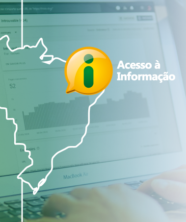  Mapa do Brasil em contorno branco com balão de diálogo amarelo e a letra i em verde ao lado da frase Acesso à informação