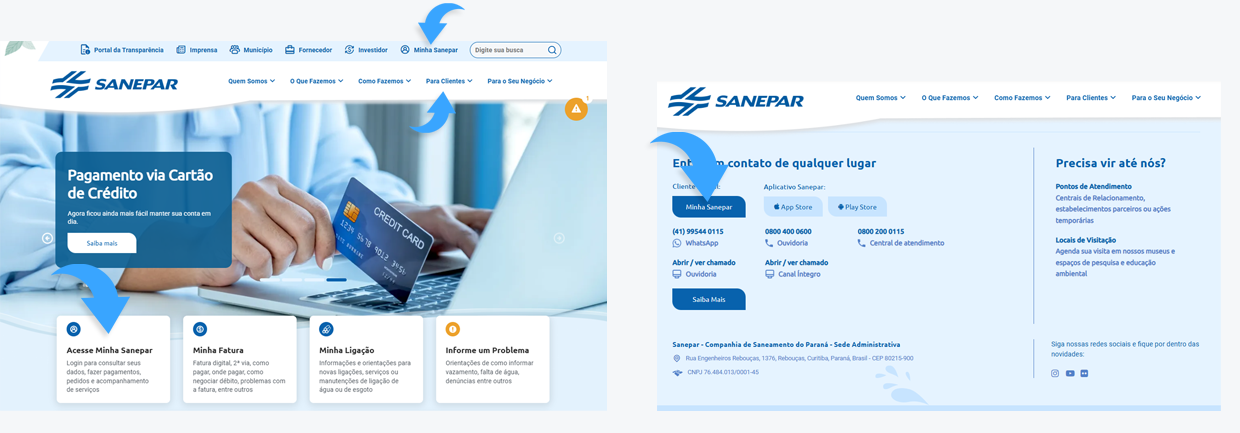 Telas do site da Sanepar com setas em azul claro apontando os locais de link de acesso ao Portal Minha Sanepar, no topo, menu, primeira rolagem e rodapé do site