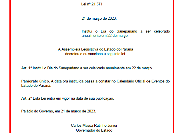 Lei estadual institui 22 de março Dia do Sanepariano no Paraná