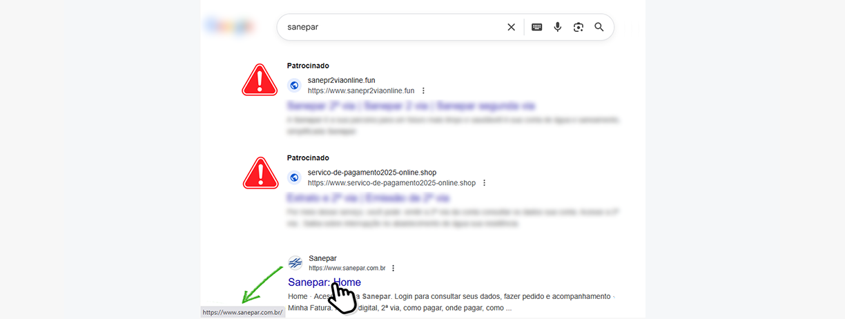 Imagem de resultado de buscador com links falsos