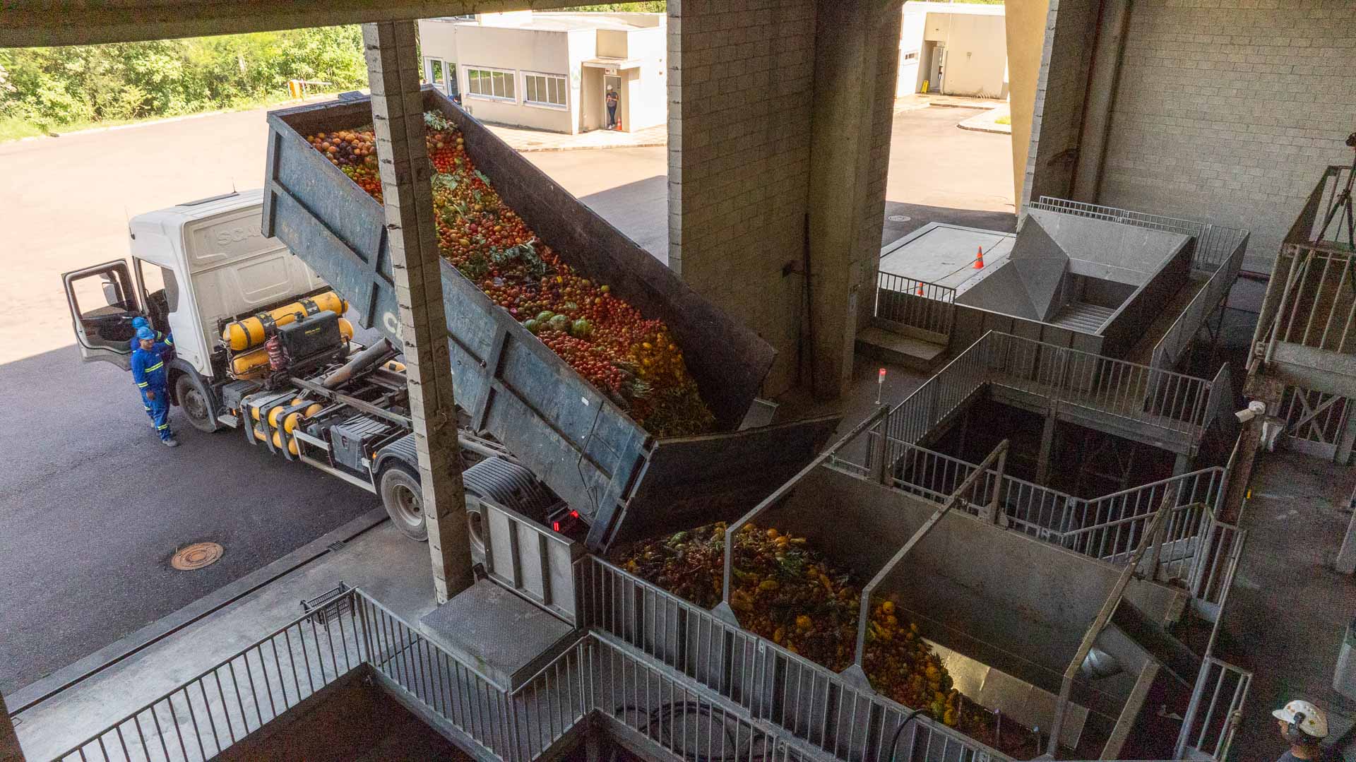 Caminhão realiza o descarregamento de resíduos orgânicos vegetais nas moegas de recepção da fábrica.