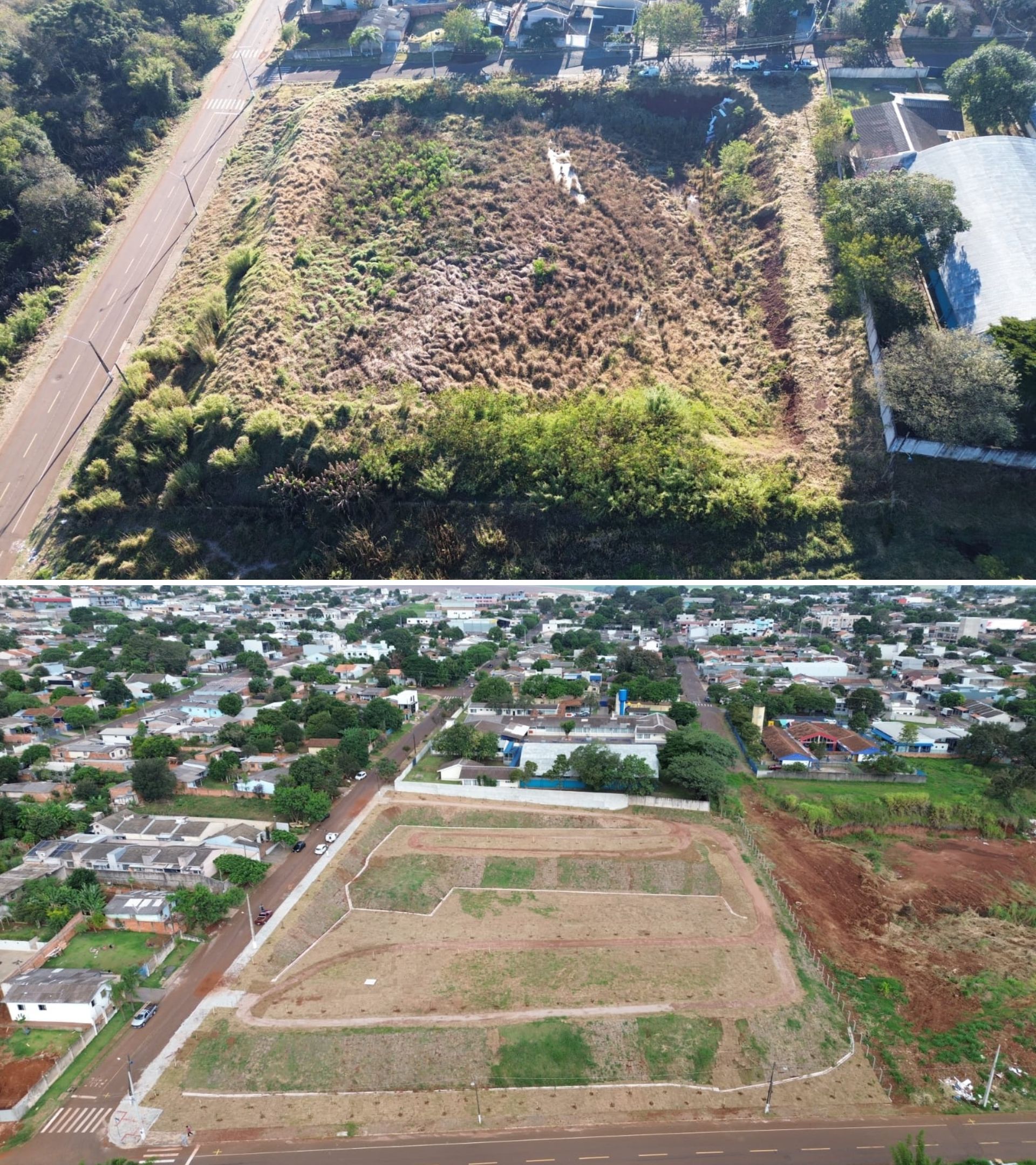 Imagens comparativas do terreno antes e depois da revitalização