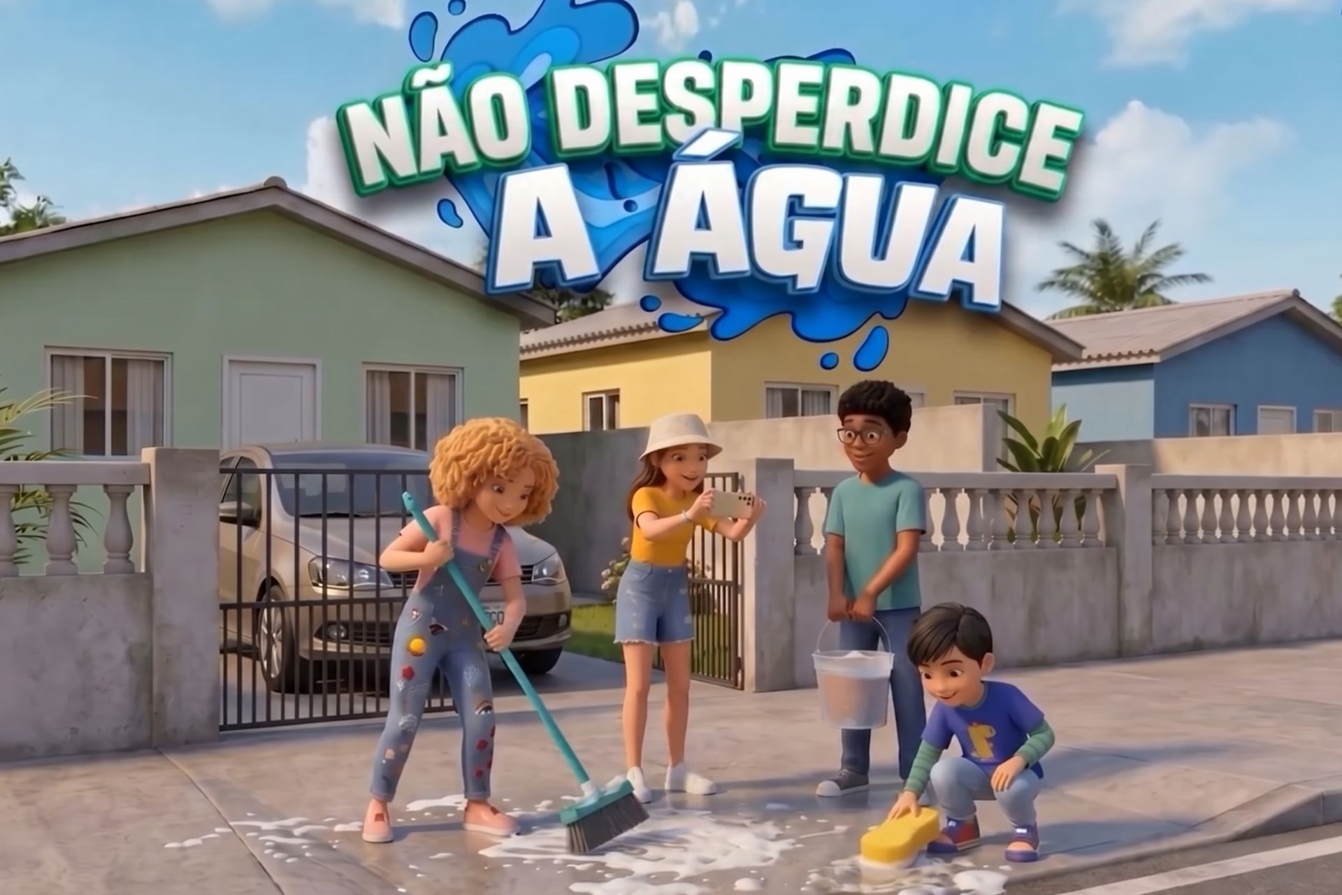 Quatro crianças em estilo animação 3D estão reunidas em uma calçada em frente a casas residenciais. À esquerda, uma menina loira de cabelo cacheado usa uma vassoura para limpar o chão ensaboado. Ao lado dela, outra menina de chapéu e camiseta amarela usa um celular para filmar a ação. Um menino negro de óculos segura um balde com água reaproveitada, enquanto um menino menor, ajoelhado à direita, limpa o chão com uma esponja amarela