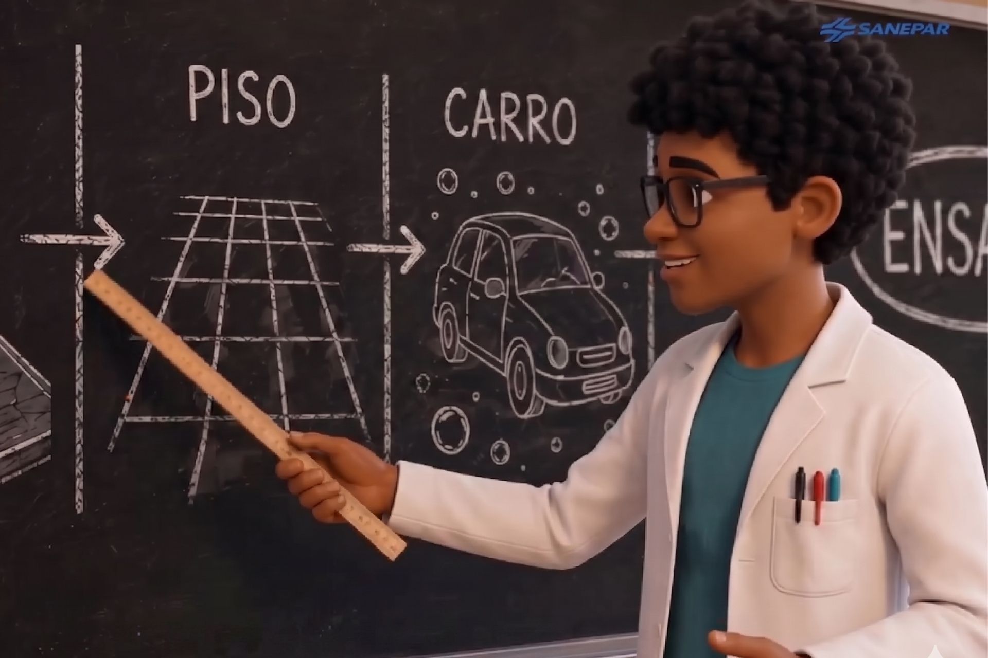 Um menino negro de óculos, vestindo um jaleco branco de cientista com canetas no bolso, está de perfil voltado para a esquerda apontando uma régua de madeira para uma lousa negra. No quadro-negro, há desenhos em giz branco ilustrando um ciclo de reaproveitamento de água: o desenho de um piso quadriculado com a palavra "PISO" e uma seta que aponta para o desenho de um carro cercado por bolhas de sabão com a palavra "CARRO". No canto superior direito do quadro, está o logotipo azul da Sanepar.