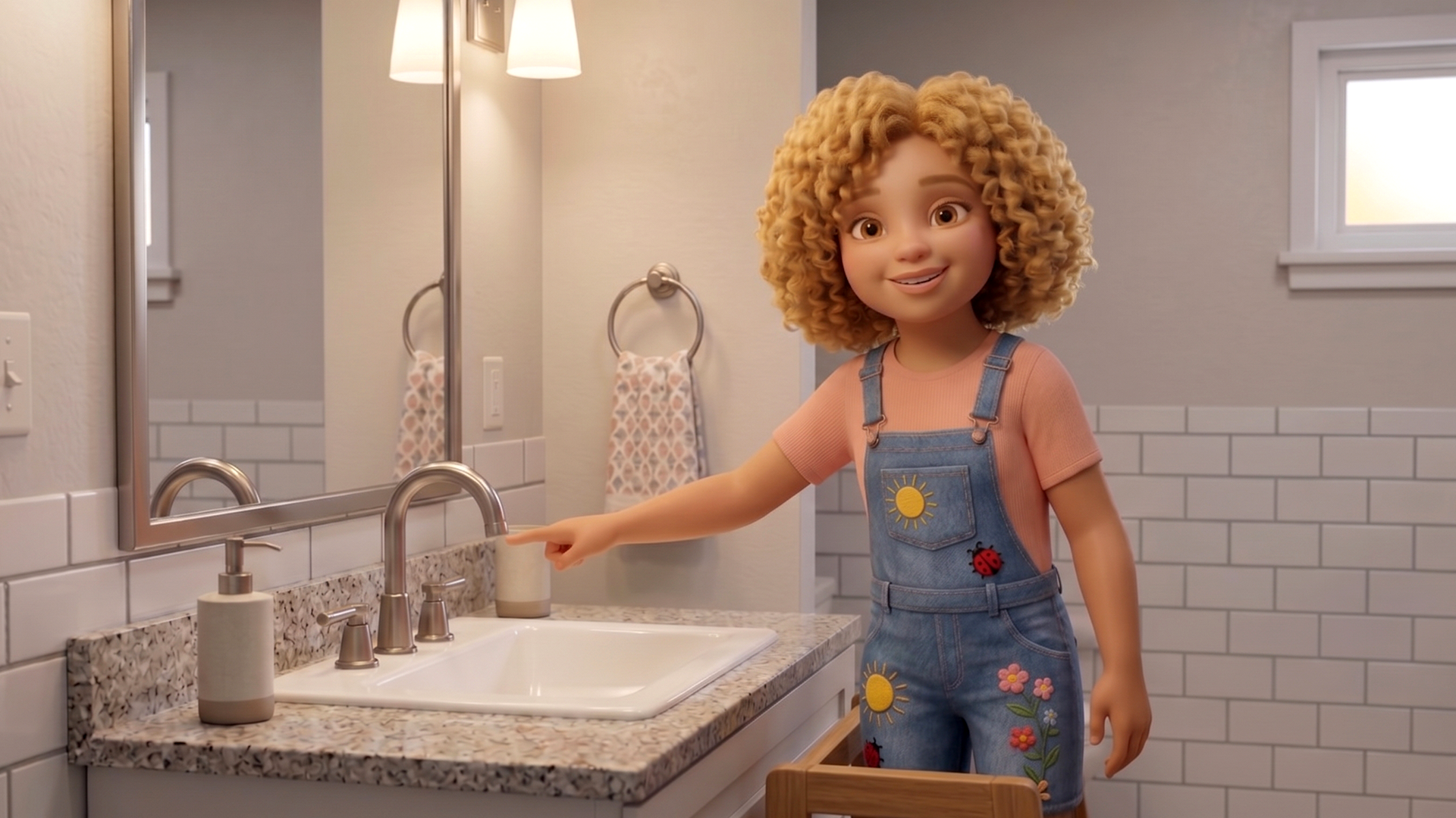 Uma menina loira de cabelos crespos e volumosos, vestindo uma jardineira jeans decorada com desenhos de sol e flores sobre uma camiseta rosa, sorri para a câmera em um banheiro. Ela está em pé ao lado de uma bancada de mármore e aponta com o dedo indicador para uma torneira metálica de bica alta que está fechada, incentivando a economia de água. O reflexo de suas costas e do banheiro é visível no espelho da parede.