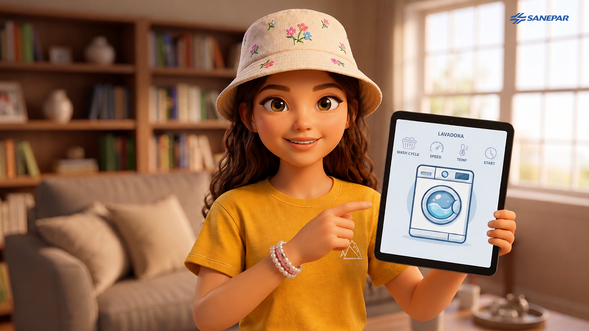 Uma menina de cabelos longos e ondulados, usando um chapéu estilo bucket de cor clara com pequenas flores bordadas e uma camiseta amarela, sorri enquanto segura um tablet preto com a mão esquerda. Com a mão direita, ela aponta para a tela do aparelho, que exibe um aplicativo de controle de uma máquina de lavar roupas ("LAVADORA") com ícones de ciclo, velocidade, temperatura e início. O fundo mostra uma sala de estar borrada e, no canto superior direito, o logotipo da Sanepar.