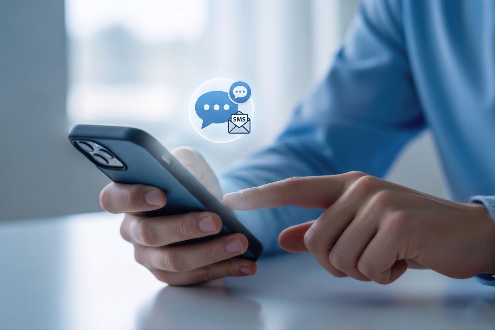 Pessoa segurando um smartphone e tocando na tela, com um ícone digital flutuante de balões de conversa e um envelope com a inscrição "SMS"