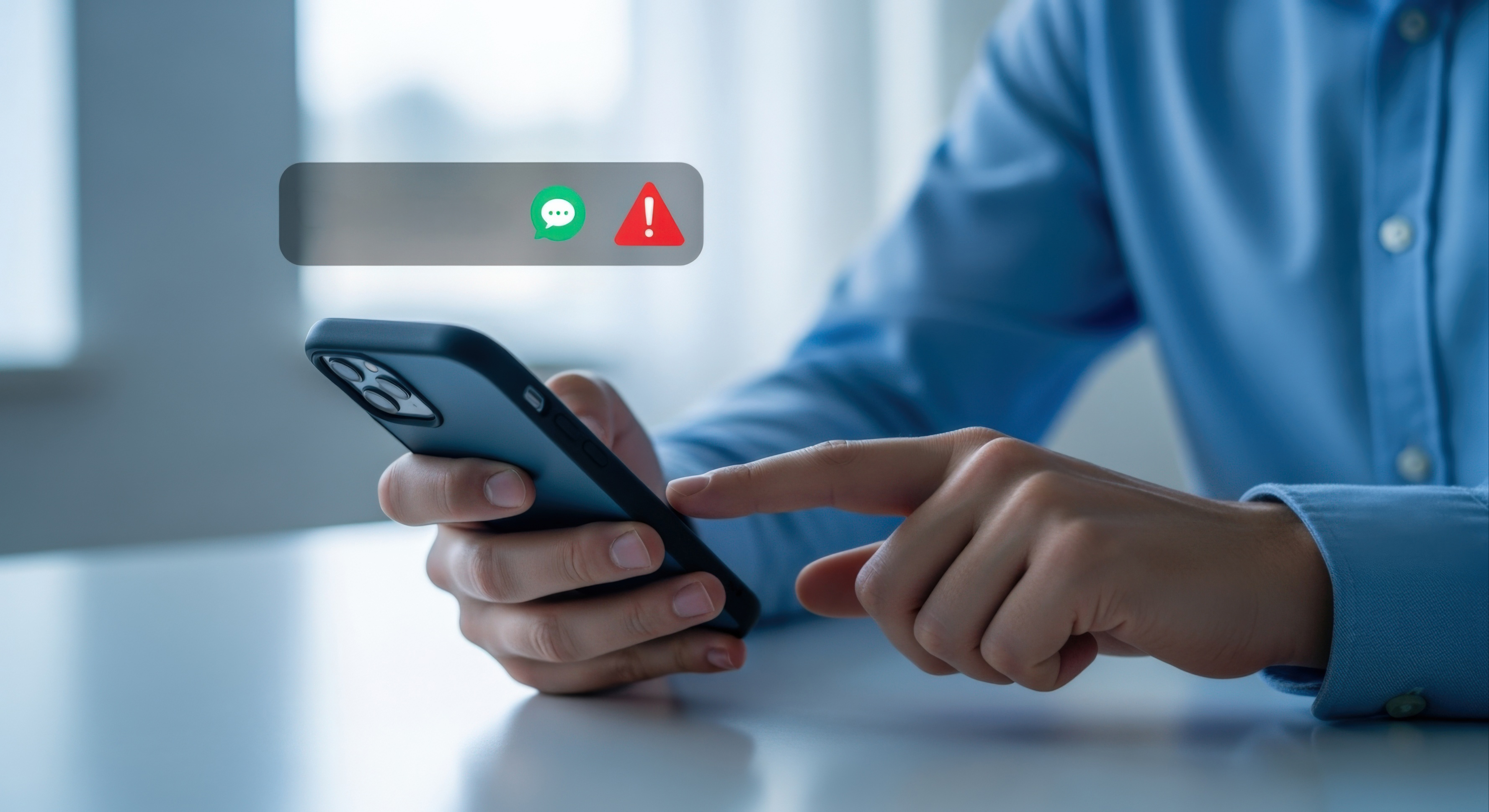 Pessoa segura celular com ícone de mensagem SMS