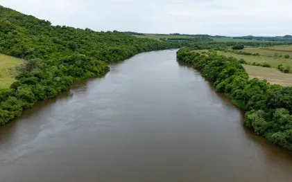 Vista aérea de um rio largo com águas de cor marrom turva, cercado por densa vegetação verde (mata ciliar) em ambas as margens. Ao fundo, paisagem com colinas e campos agrícolas sob um céu nublado.