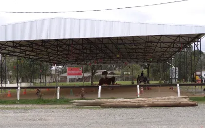 Imagem do picadeiro coberto do projeto de Equoterapia da Polícia Militar do Paraná