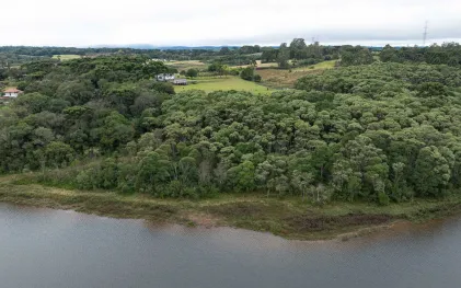 Vista aérea e panorâmica de uma região de preservação ambiental. Na metade inferior da foto, vê-se a água escura e calma de uma represa ou grande lago. A margem é delineada por uma faixa estreita de terra e vegetação rasteira. Logo acima da margem, estende-se uma floresta densa e contínua, composta por copas de árvores em variados tons de verde, incluindo algumas araucárias que se destacam pela silhueta. Ao fundo, a vegetação se abre em campos abertos e propriedades rurais com pequenas construções brancas. 