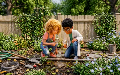 No jardim de uma casa, cercados por plantas e flores e em frente a uma cerca de madeira, uma menina loira de cabelo cacheado em jardineira jeans e um menino negro de óculos e jaleco branco estão agachados lado a lado. Ambos seguram lupas de metal e olham atentamente para um pequeno vazamento de água que sai de um cano marrom deitado no chão, identificando o desperdício no quintal.