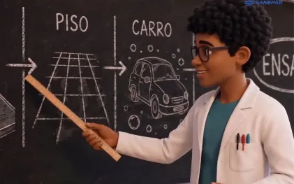 Um menino negro de óculos, vestindo um jaleco branco de cientista com canetas no bolso, está de perfil voltado para a esquerda apontando uma régua de madeira para uma lousa negra. No quadro-negro, há desenhos em giz branco ilustrando um ciclo de reaproveitamento de água: o desenho de um piso quadriculado com a palavra "PISO" e uma seta que aponta para o desenho de um carro cercado por bolhas de sabão com a palavra "CARRO". No canto superior direito do quadro, está o logotipo azul da Sanepar.