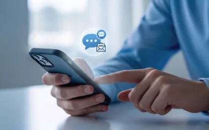 Pessoa segurando um smartphone e tocando na tela, com um ícone digital flutuante de balões de conversa e um envelope com a inscrição "SMS"