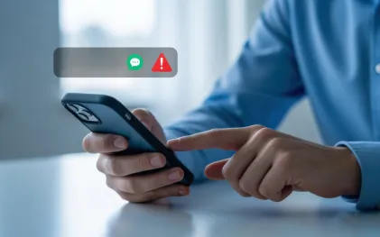 Pessoa segura celular com ícone de mensagem SMS