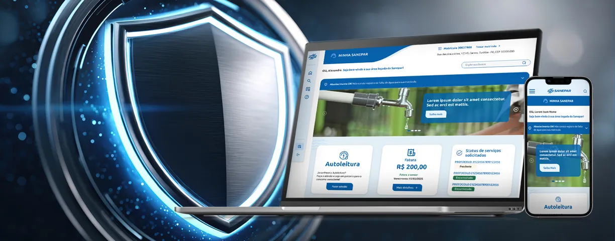 tela de notebook e de celular com o portal Minha Sanepar e um escudo digital junto