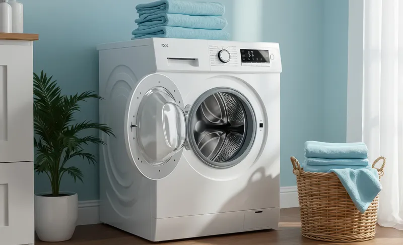 Máquina de lavar roupas aberta com cesto de roupas dobradas ao lado