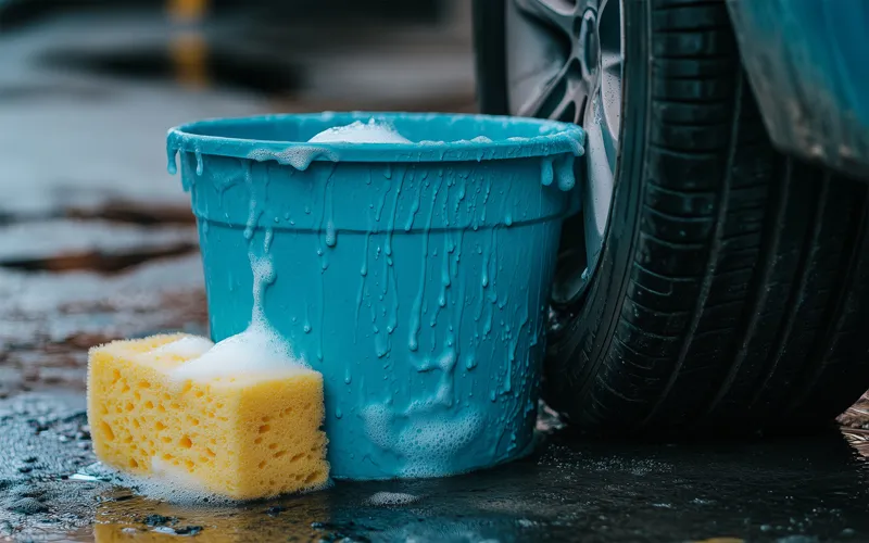 Balde com água e sabão ao lado de roda de carro e esponja