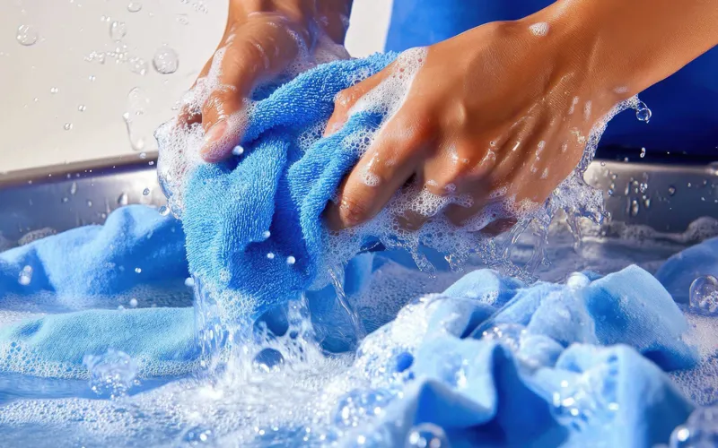 Mãos lavando toalha azul num balde