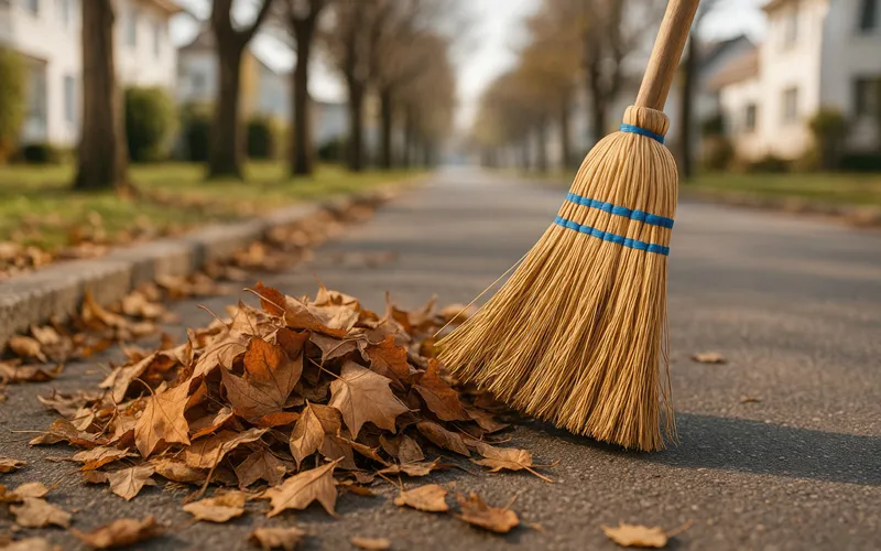Vassoura ao lado de um monte de folhas de árvore