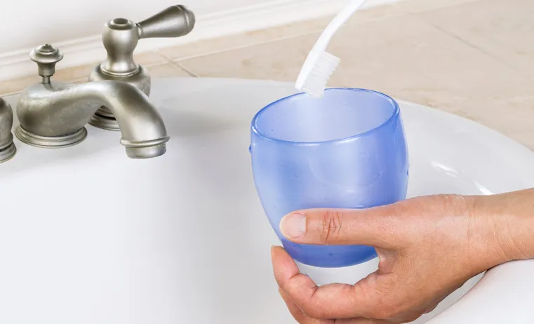 Escovando os dentes com copo e torneira