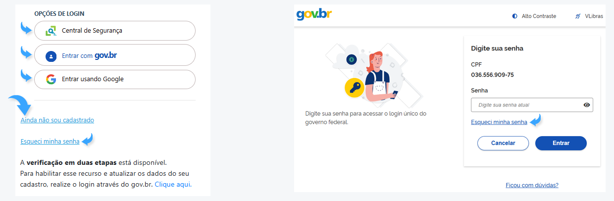 Duas imagens de tela de login pela Centrar de Segurança e pelo GOV.br destacando com setas azuis os links de Esqueci minha senha